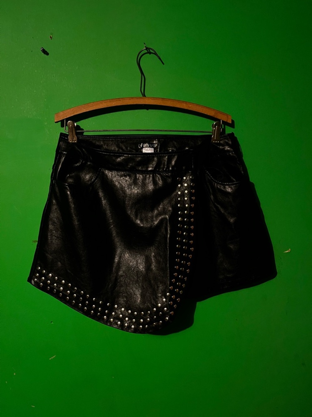 VENUS Black Faux Leather Mini Skort with stud accents